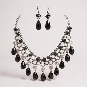 Black Faceted Lucite Bead Drops Burnish link Antique Look Necklace Earring Set